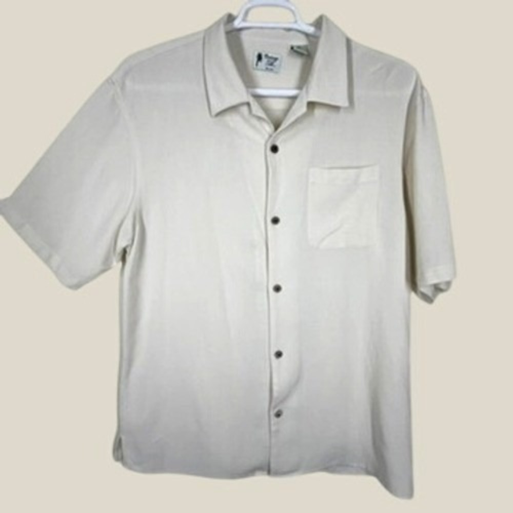 Vintage Silk Mens Button Down Shirt XXL Cream Textured Silk Rayon Resort Beach